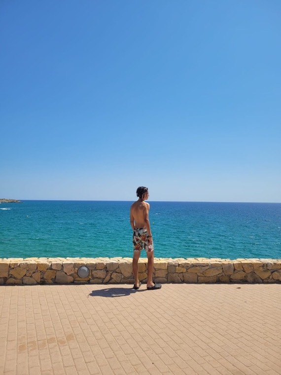 Standing at a stone wall looking out over the sea